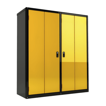 sleek, modern storage cabinet with vibrant yellow doors and black frame, featuring secure locking mechanisms. Ideal for office or home organization png