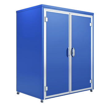 blue metal storage cabinet with double doors and handles, featuring sleek design and mounted on wheels for easy mobility. Ideal for organizing tools or supplies in workshop png