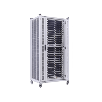 large, metallic server rack filled with multiple servers is shown, featuring mesh door for ventilation. rack is on wheels for mobility, suitable for data centers or IT environments png