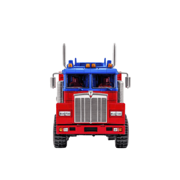 red and blue toy truck with detailed front view, featuring large tires and chrome exhaust pipes, evokes sense of adventure and play. vibrant colors and realistic design make it appealing to png