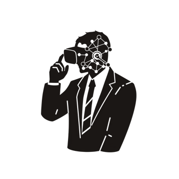 person in suit wearing virtual reality goggles with network pattern on their face symbolizes integration of technology and human interaction png