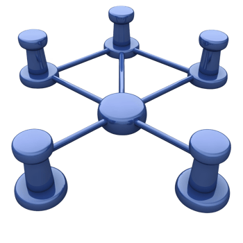 blue 3D network diagram features interconnected nodes, symbolizing connectivity and communication. central node connects to four surrounding nodes, illustrating hub and spoke model png