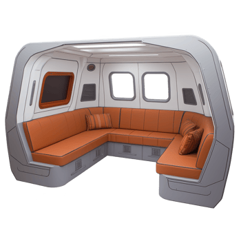 futuristic, cozy seating area with orange cushions and pillows is set within sleek, modern interior. design features large windows and minimalist aesthetic, creating comfortable and inviting space png