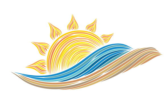 A sun logo with the blue sea and the sandy beach. vector
