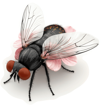 Detailed illustration of a fly resting on delicate pink flower petals. png