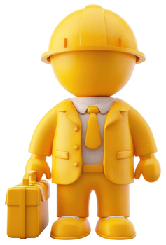 Smiling, yellow cartoon engineer figure with briefcase. png