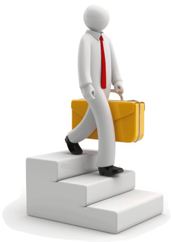 Businessperson ascends stairs carrying briefcase. png