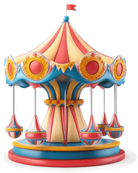 Colorful carousel with vibrant striped canopy and ornate design. png