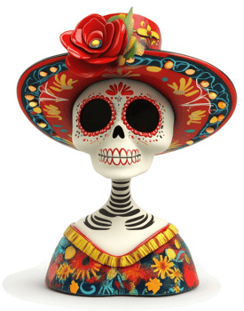 Colorful Day of the Dead skull figurine. png