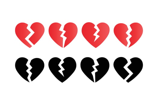 Red and Black Cracked Heart Design Sets, broken heart illustration, heartbreak graphic clipart, cracked heart symbol vector