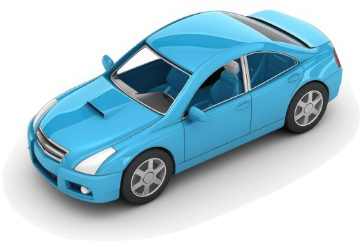 Rendered image of a light-blue sedan toy car. png