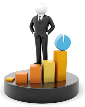 Businessperson stands atop a rising graph, symbolizing success. png