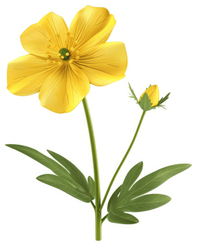 Vibrant yellow flower with a bud and leaves. png