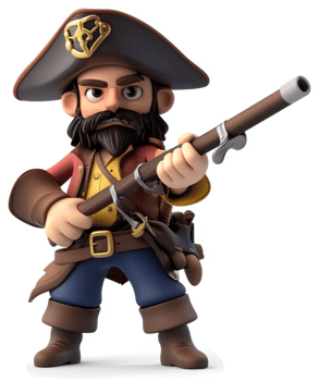 Cartoon pirate character with weapon, ready for action. png