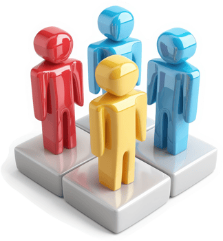 Four colorful figures stand together on individual platforms. png