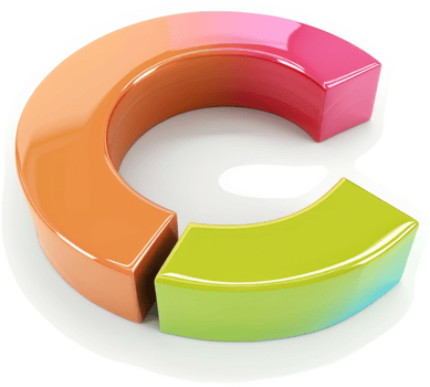 Colorful 3D letter C composed of pie chart segments. png