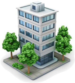 Modern office building with lush landscaping. png
