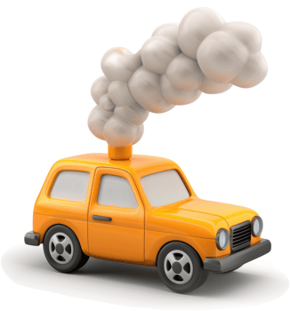 Cartoonish yellow car emitting puffs of smoke. png