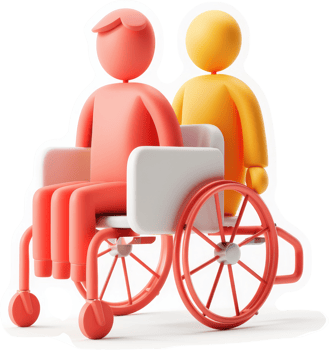 Two stylized figures represent support and assistance in a wheelchair. png