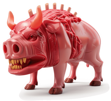 Intense, anatomical pig sculpture with exposed organs. png
