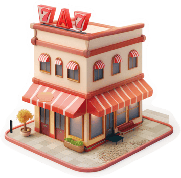 Retro-style building with a 777 sign depicts a stylized casino. png