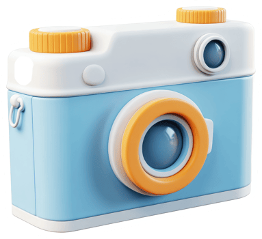 A stylized, light blue and orange digital camera design. png