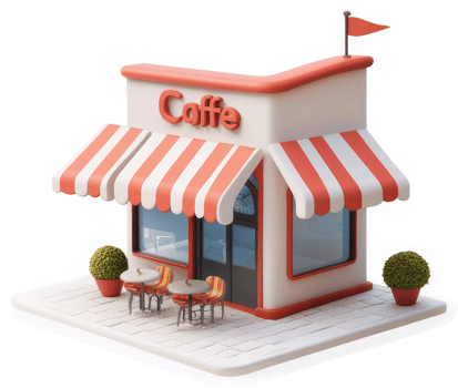 Cute coffee shop exterior with charming patio seating. png