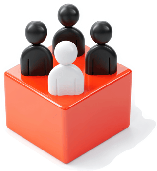 Group of people positioned on an orange cube. png