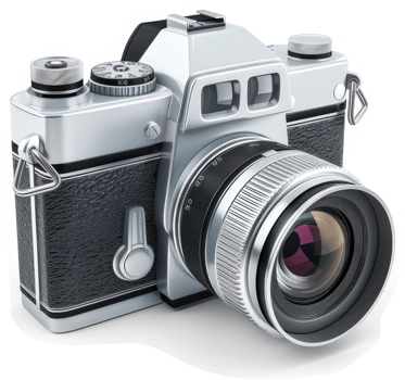 Silver vintage style camera with large lens. png