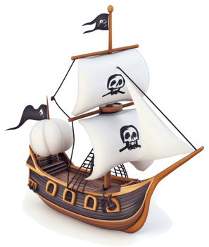 Cartoon pirate ship with white sails and skull flags. png