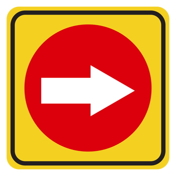 a red and yellow sign with an arrow pointing right png