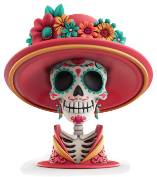 Colorful Day of the Dead skeleton lady in a wide-brimmed hat. png