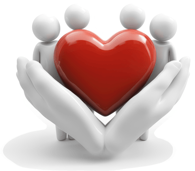 Three figures safeguard a large, vibrant red heart. png