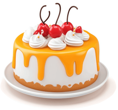 Delicious round cake decorated with bright orange glaze, whipped cream, and cherries. png