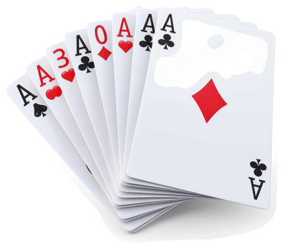 Stacked playing cards showing multiple aces. png