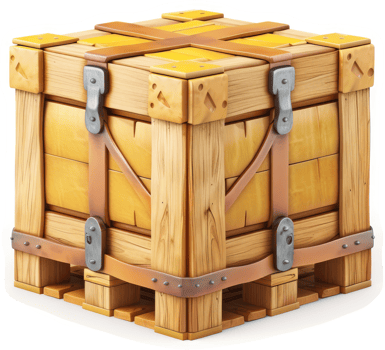 Wooden crate with straps and metal hardware. png