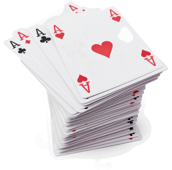 Stacked playing cards, primarily aces, form a tower. png