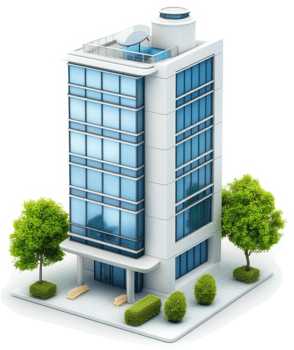 Modern high-rise office building with landscaping. png