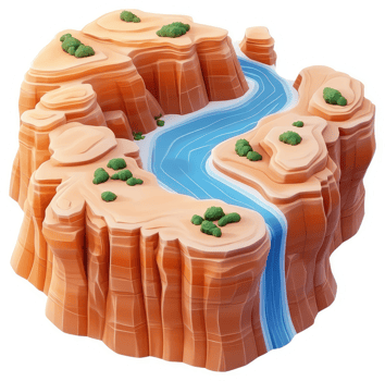 Canyon landscape with a flowing river and waterfall. png