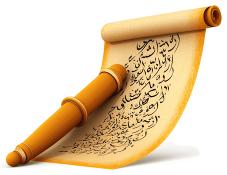 Ancient scroll with ornate calligraphy resting on a wooden rod. png