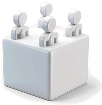 Four figures gathered around a cube, symbolizing a meeting. png