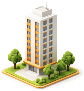 Urban high-rise building with landscaping. png