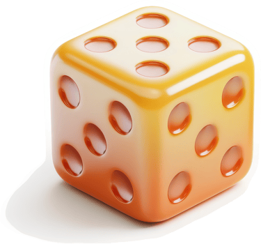 A three-dimensional, stylized, orange die shows a six. png