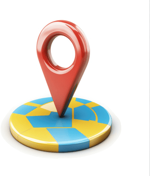 Red location pin on a circular map graphic. png