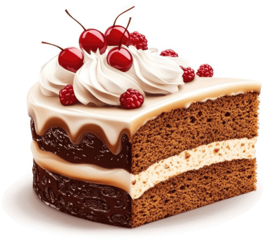 Delicious chocolate cake slice decorated with whipped cream and berries. png