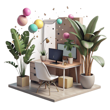 beautiful modern Quiet Home Office with Plants Transparent Background high quality png