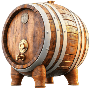 Rustic Wooden Barrel Traditional Craftsmanship and Vintage Appeal, A Timeless Storage Container Offering OldWorld Charm, Ideal for Home Decor, Events, or Functional Use in a Classic Setting, png