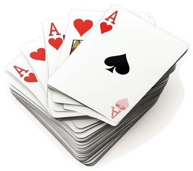 Stacked playing cards displaying multiple aces. png
