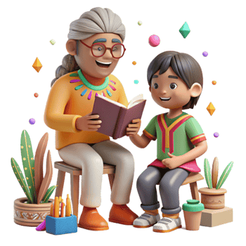 serene minimalist Indigenous Child Learning From Elder Cutout premium png