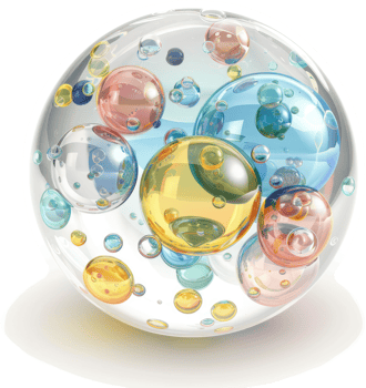Colorful spherical bubbles clustered inside a transparent orb. png